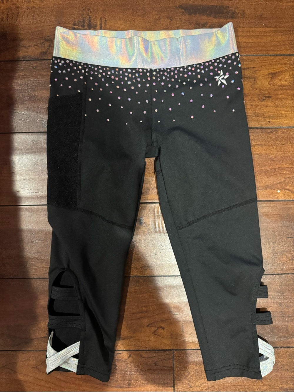 Rebel Athletic Girls Black Capris with Holographic Waistband and Rhinestone